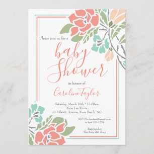 Invitation au Baby shower floral corallien et Turq