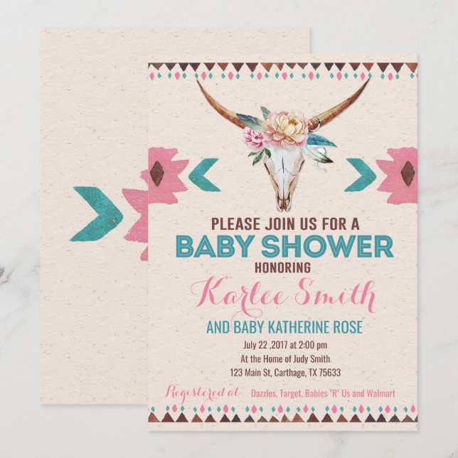 Invitation au Baby shower floral de Boho tribal (Devant / Derrière)