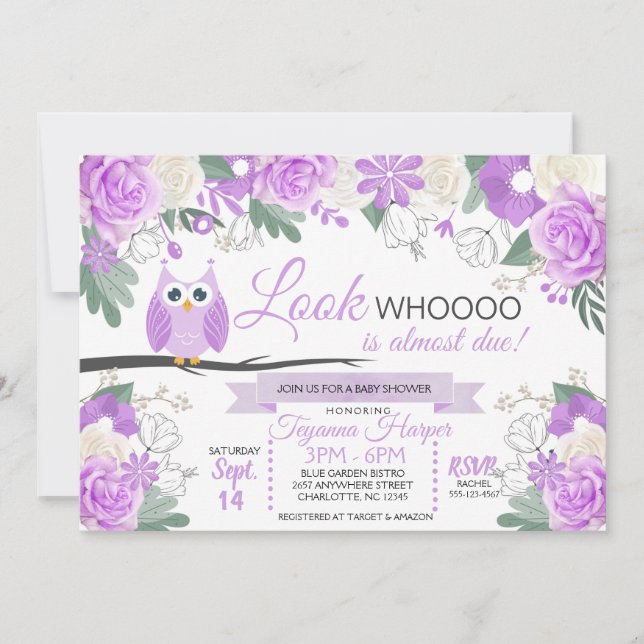Invitation au Baby shower Floral de Chouette pourp (Devant)