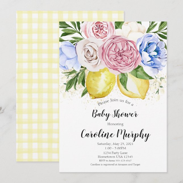 Invitation au Baby shower floral de citron Neutre  (Devant / Derrière)
