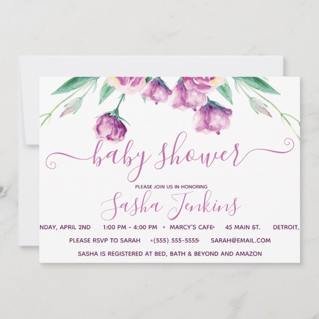 Invitation au Baby shower floral de l'eustome pour (Devant)