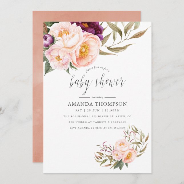 Invitation au Baby shower floral de Pêche et Bourg (Devant / Derrière)