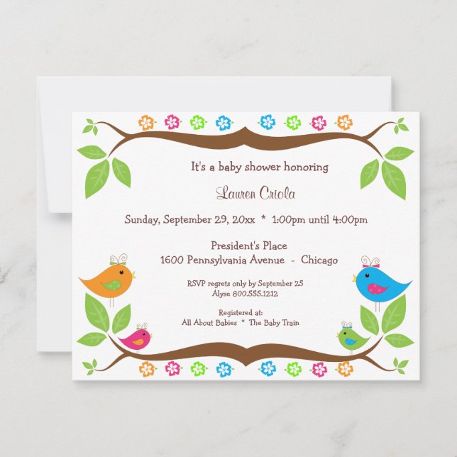 Invitation au Baby shower floral de quatre oiseaux (Devant)