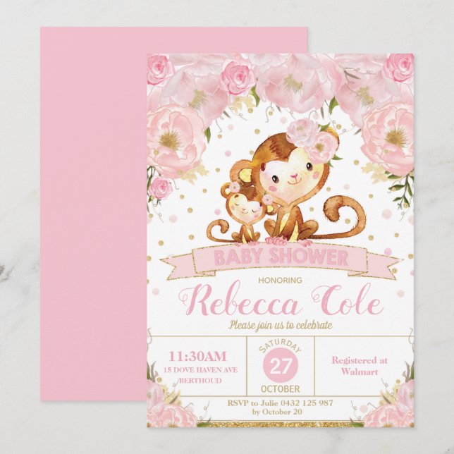 Invitation au Baby shower floral de singe (Devant / Derrière)
