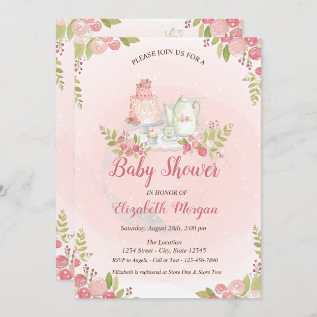 Invitation au Baby shower floral de théière classi (Devant / Derrière)