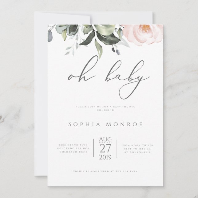 Invitation au Baby shower floral flou Oh (Devant)