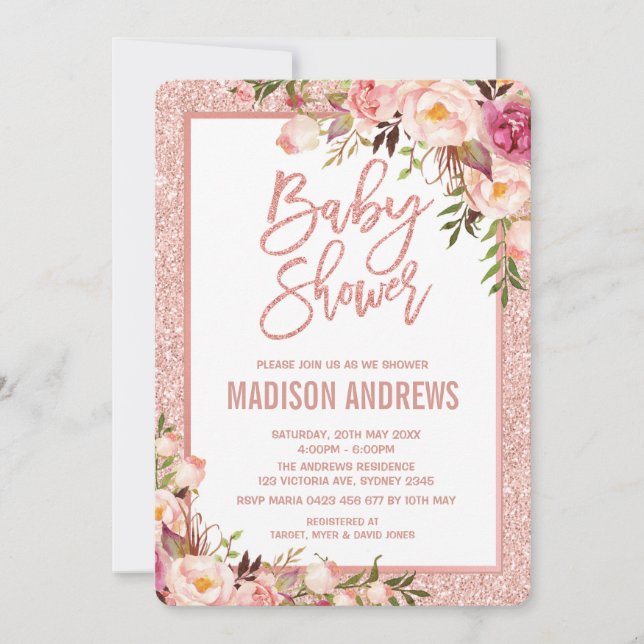Invitation au Baby shower Floral Gold Rose (Devant)