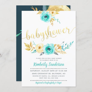 Invitation au Baby shower Floral Gold Turquoise