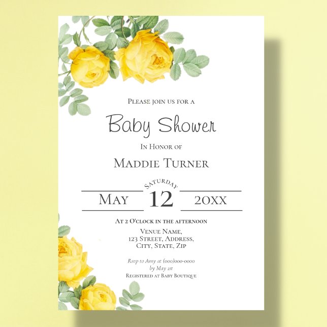 Invitation au Baby shower floral jaune (Créateur téléchargé)