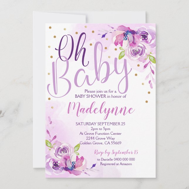 Invitation au Baby shower Floral pourpre (Devant)