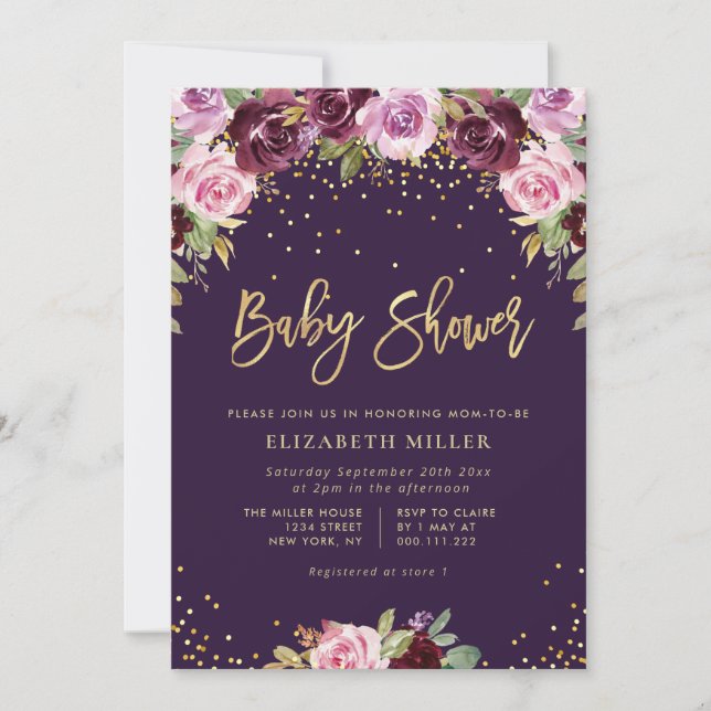 invitation au baby shower floral pourpre (Devant)
