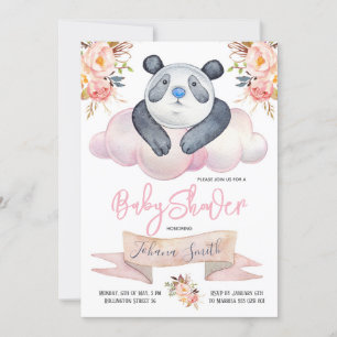 Invitation au Baby shower floral rose Panda Girl