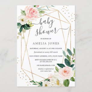Invitation au Baby shower floral rose rouge or