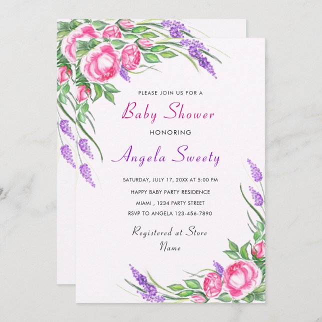 Invitation au Baby shower Floral Rose violet (Devant / Derrière)