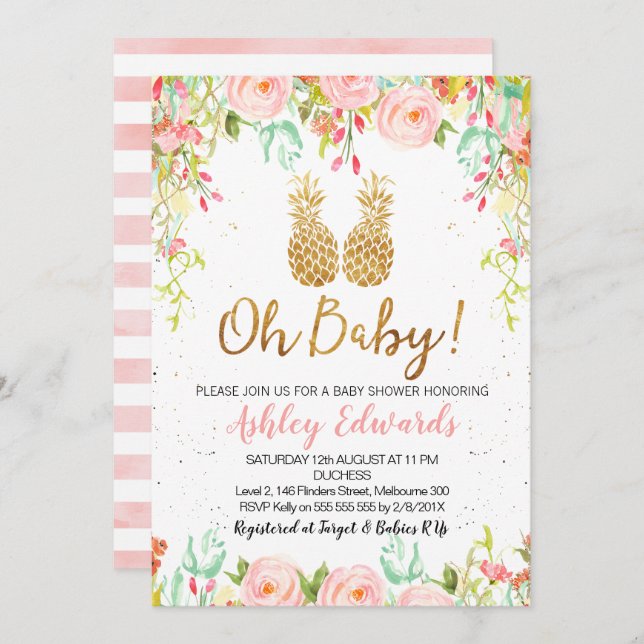 Invitation au Baby shower floral tropical des fill (Devant / Derrière)