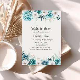 Invitation au Baby shower floral turquoise et non 