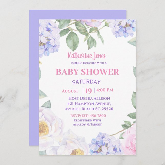 Invitation au Baby shower Floral Violet (Devant / Derrière)