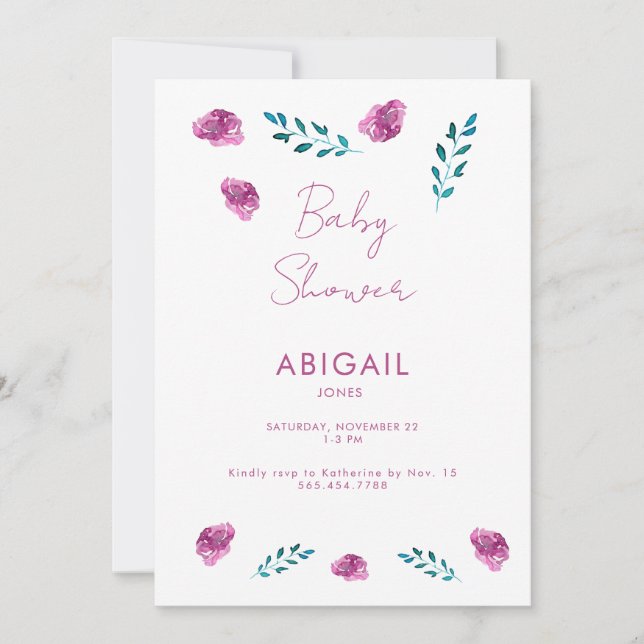 Invitation au Baby shower Floral Violet (Devant)