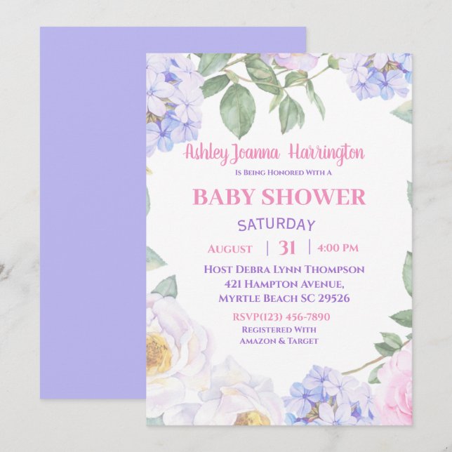 Invitation au Baby shower Floral Violet (Devant / Derrière)