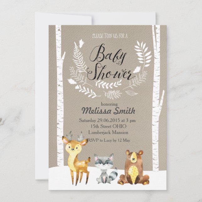 Invitation au Baby shower forestier d'hiver (Devant)