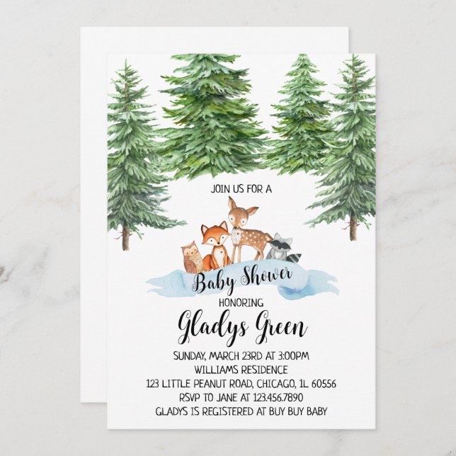 Invitation au Baby shower forestier d'hiver (Devant / Derrière)