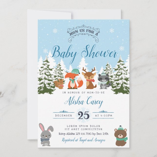 Invitation au Baby shower forestier d'hiver (Devant)