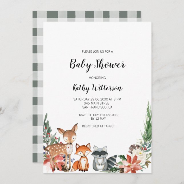 Invitation au Baby shower forestier d'hiver (Devant / Derrière)
