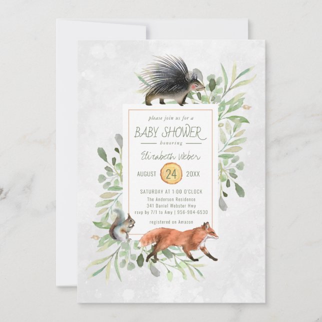 Invitation au Baby shower forestier vert (Devant)