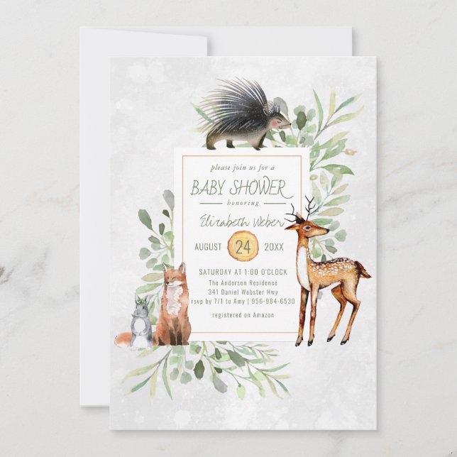 Invitation au Baby shower forestier vert (Devant)