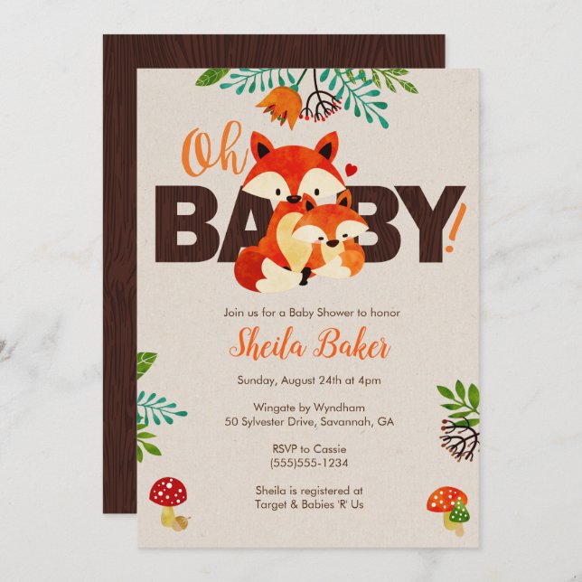 Invitation au Baby shower Fox - Invitation de Baby (Devant / Derrière)