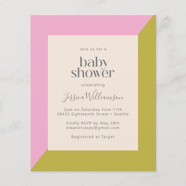 Invitation au Baby shower frontalier vert rose Bud (Devant)