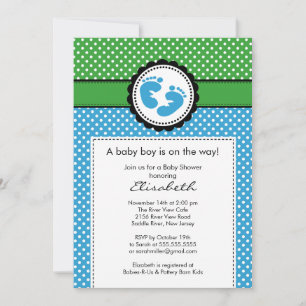 Invitation au Baby shower Garçon Green Blue Footpr