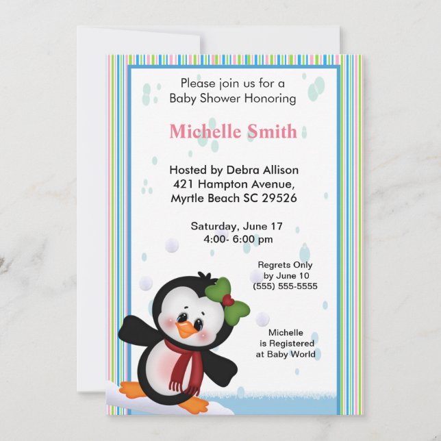 Invitation au Baby shower Girl Penguin (Devant)