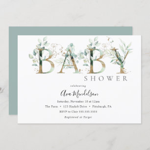 Invitation au Baby shower Gold et Eucalyptus