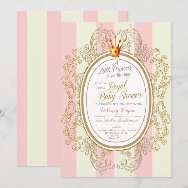 Invitation au Baby shower Gold Princess (Devant / Derrière)