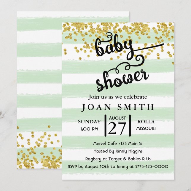 Invitation au Baby shower Green Watercolor Stripes (Devant / Derrière)