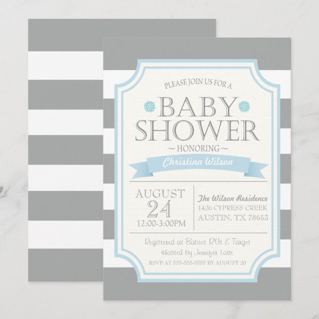 Invitation au Baby shower gris et bleu (Devant / Derrière)