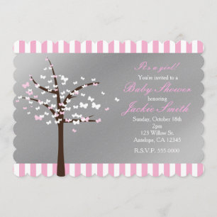Invitation au Baby shower gris et rose des papillo