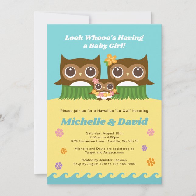 Invitation au Baby shower hawaïen Hula Owl (Devant)