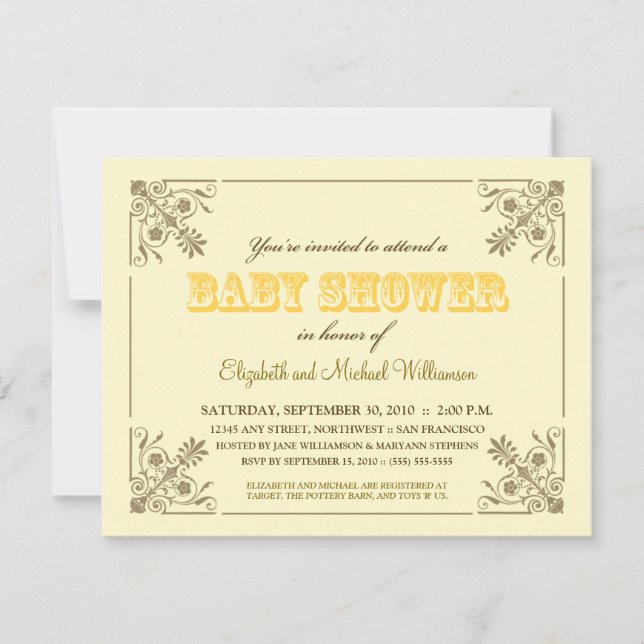 Invitation au Baby shower jaune Vintage (Devant)