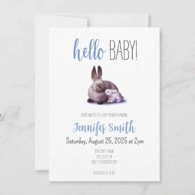 Invitation au Baby shower lapin et lapin (Devant)