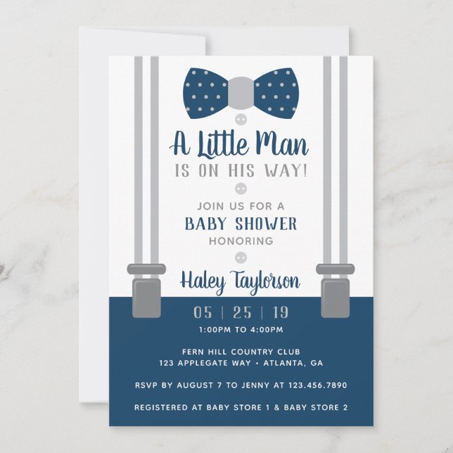 Invitation au Baby shower Little Man, bleu marine, (Devant)
