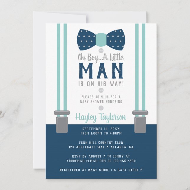Invitation au Baby shower Little Man, bleu marine, (Devant)