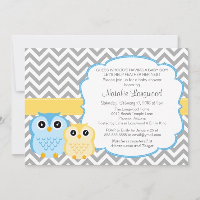 Invitation au Baby shower Little Owls, garçon (Devant)