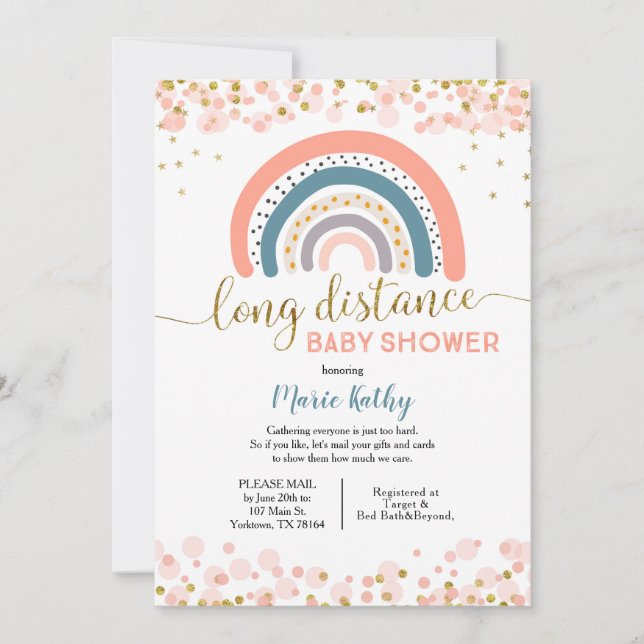 Invitation au Baby shower longue distance Rainbow (Devant)