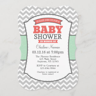 Invitation au Baby shower Mint Coral Grey Chevron