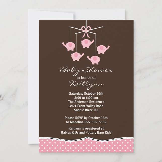 Invitation au Baby shower mobile Pink Elephant (Devant)