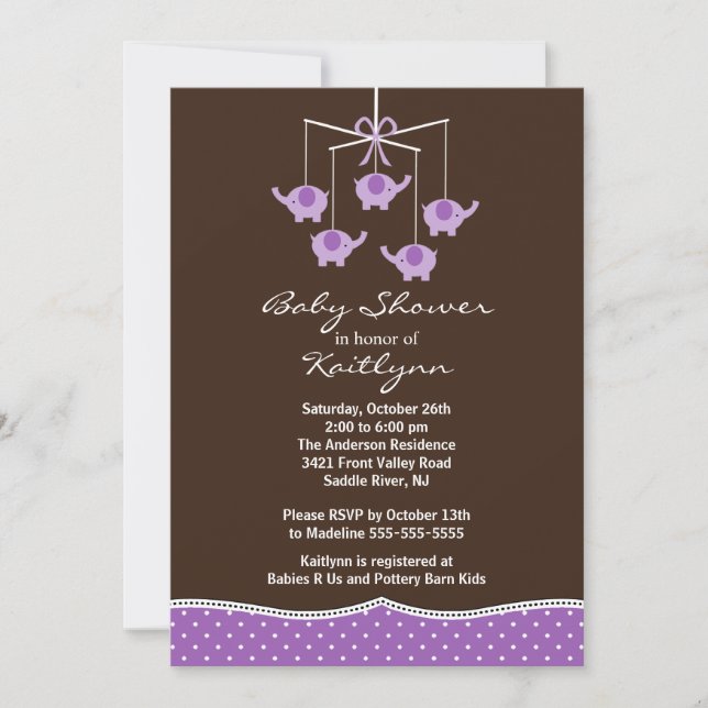 Invitation au Baby shower mobile Purple Elephant (Devant)
