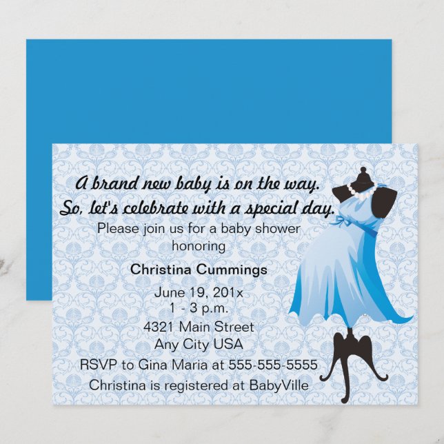 Invitation au Baby shower Mommy Mannequin (bleu) (Devant / Derrière)