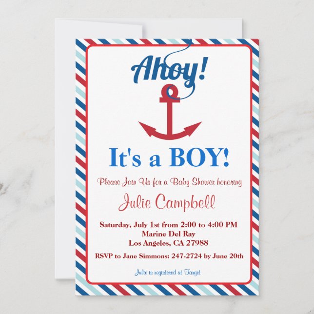 Invitation au Baby shower Nautical Ahoy Boy (Devant)